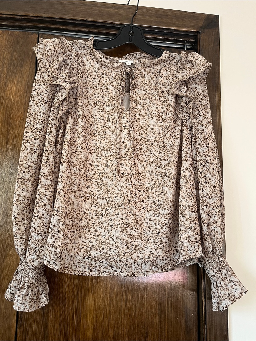 MINE Beige Floral Ruffle Tie-Neck Blouse